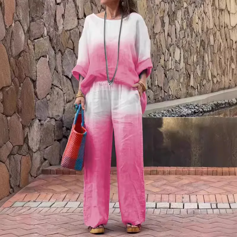 2024 Summer New Women's Fashion Gradient Print Casual Loose Two-piece Set Ensemble Femme 2 Pièces