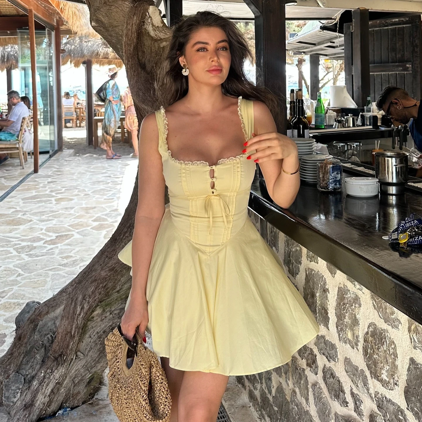 Vestido Curto Sexy de Renda com Botões, Vestido de Verão Vintage para Mulheres, Vestidos Mini de Verão, Roupas Femininas em Azul, Branco e Amarelo, Novo