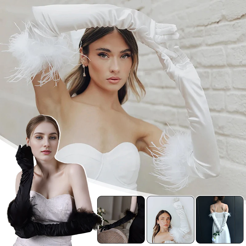 

Женские атласные длинные перчатки с белыми перьями, аксессуары для свадебного платья невесты, банкетная вечеринка, ретро-выступления, черные перчатки