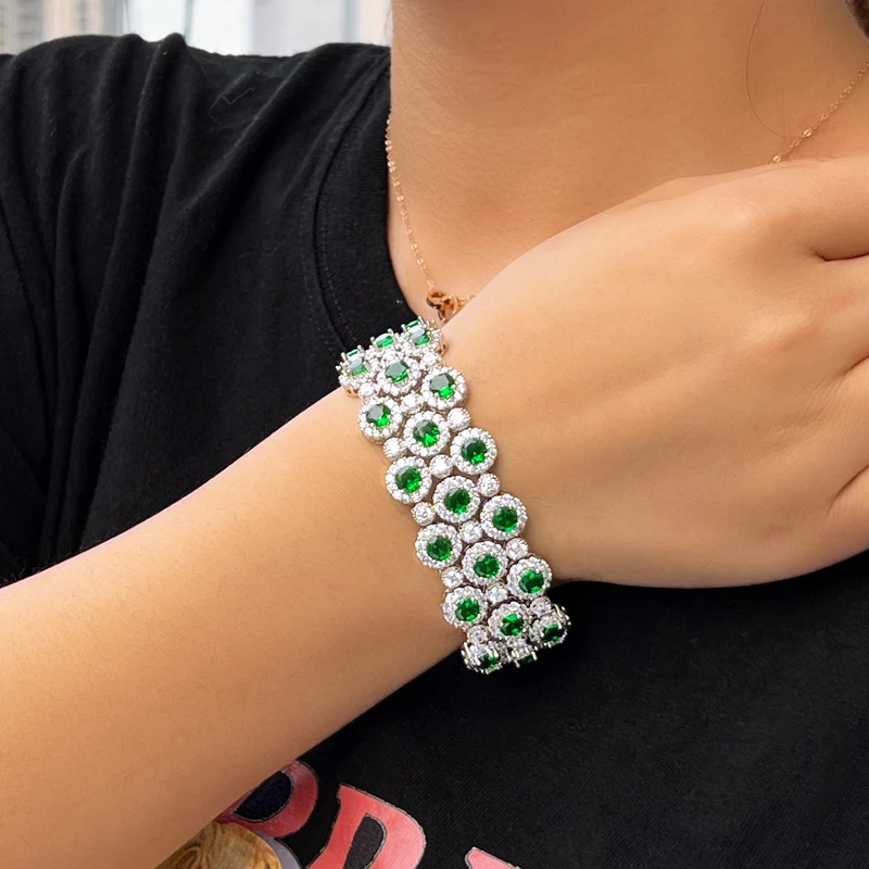 ThreeGraces Luxury Shiny Green White Zircon Big Wide Party Bracelet for Women Gorgeous Dubai Wedding Evening Party Jewelry BR400