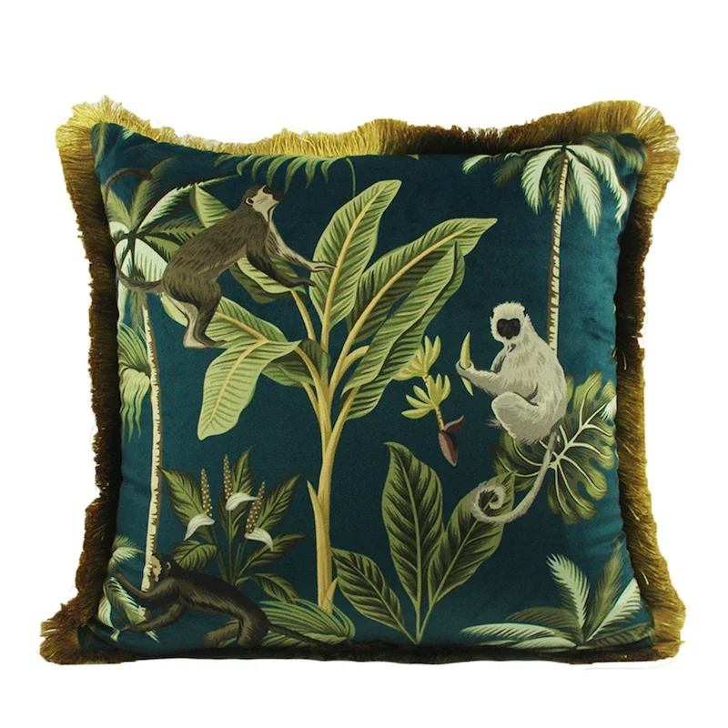 

Jungle Animal Cushions Decorative Pillows Vintage Tropical Monkey Leopard Luxury Gold Green Sofa Chair Cousins Decor