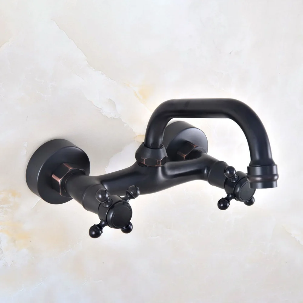 

Oil Rubbed Bronze Dual Handles Bathroom Kitchen Sink Faucets Wall Mounted Swivel Spout Two Holes Kitchen Mixer Taps znf811