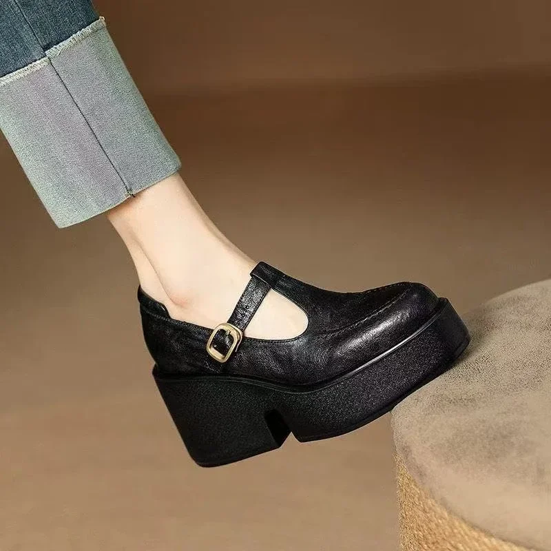 Chunky Platform High Heels Pumps Women Spring PU Leather Ankle Buckle Mary Jane Shoes Woman Brown Thick Heeled Sandals Loafers