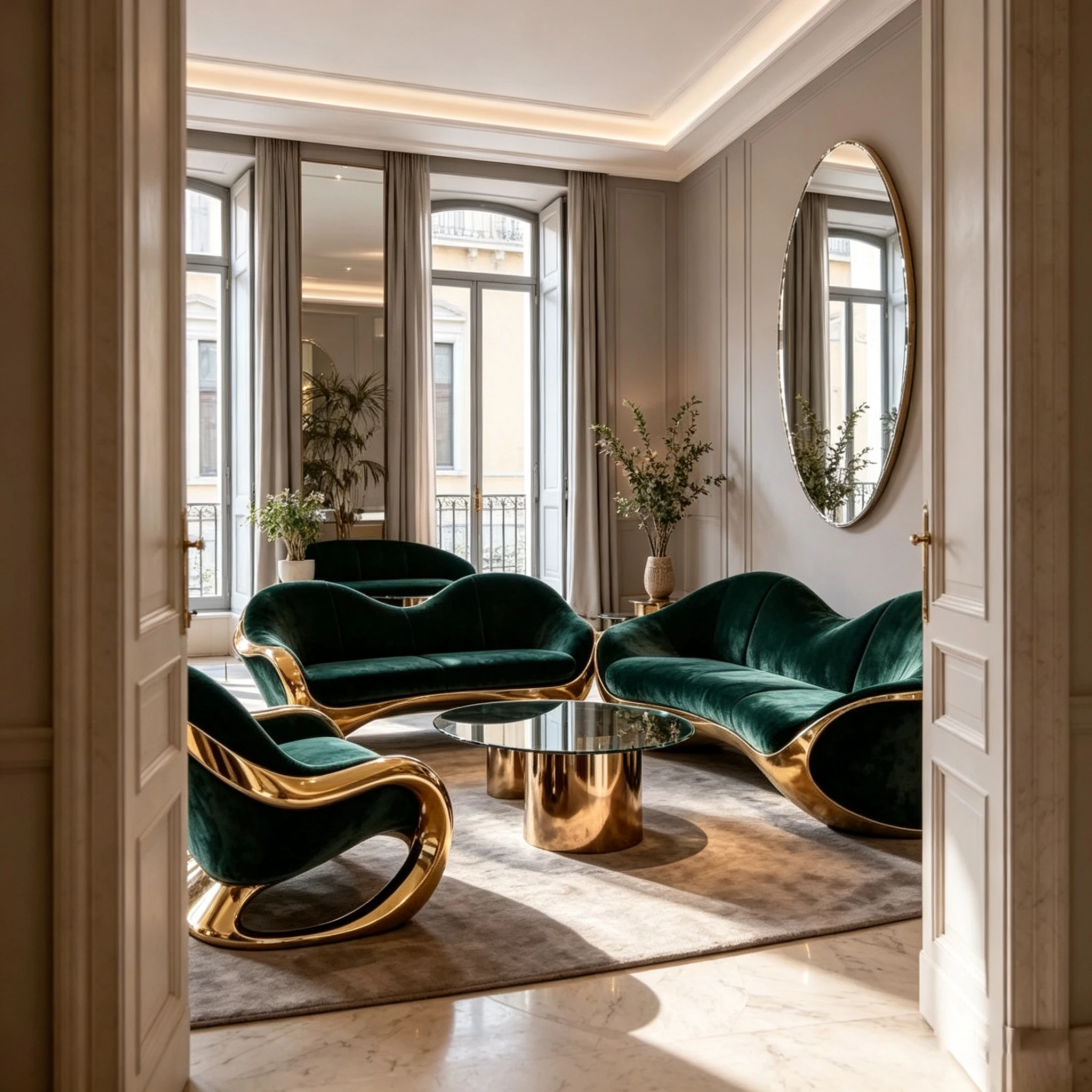 Z*-Deep Emerald Velvet Curved Household Sofa Mirror Polished  Outer Shell for High-End Residential Interior Decor^
