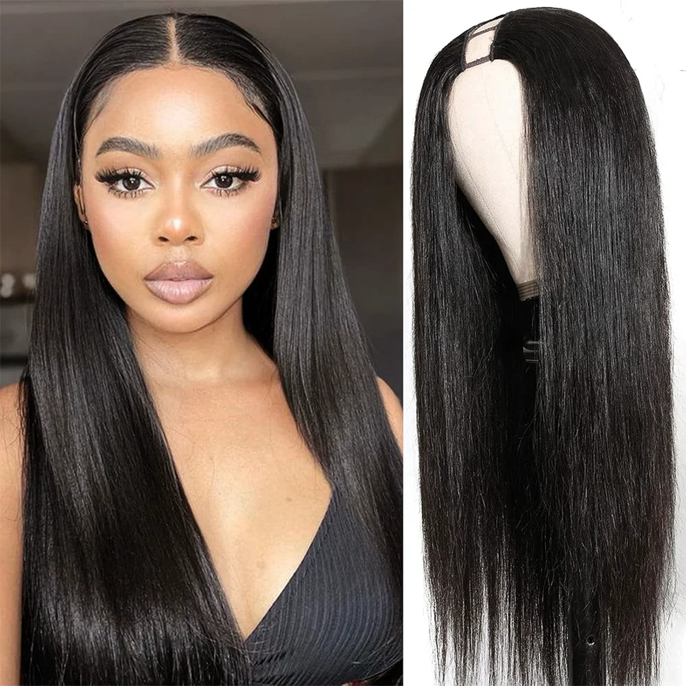 

200 Density 32 Inches V Part Human Hair Wigs for Black Women Natural Black Color Straight Brazilian Virgin Human Hair Wigs