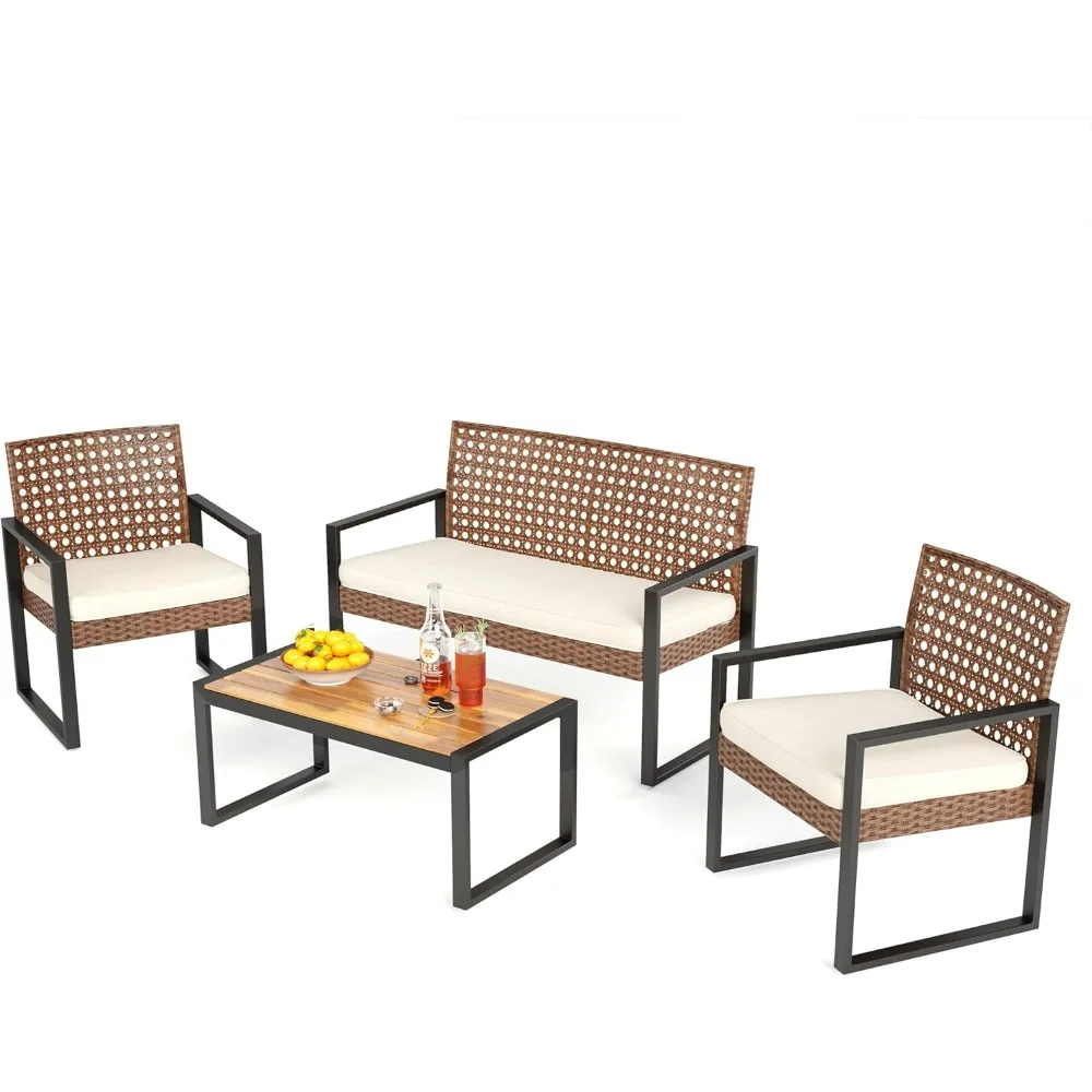 

Набор плетеной мебели для патио на 4 человека, двухместный диван и стулья из коричневого ротанга с бежевыми подушками и журнальным столиком из дерева акации, Outdo