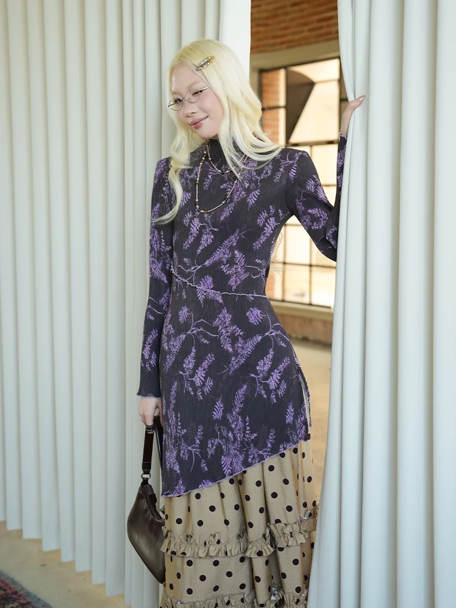 

Женское платье BYBYE Evening Peace с цветочным принтом, приталенное, с длинными рукавами, винтажное, плиссированное, А-силуэт