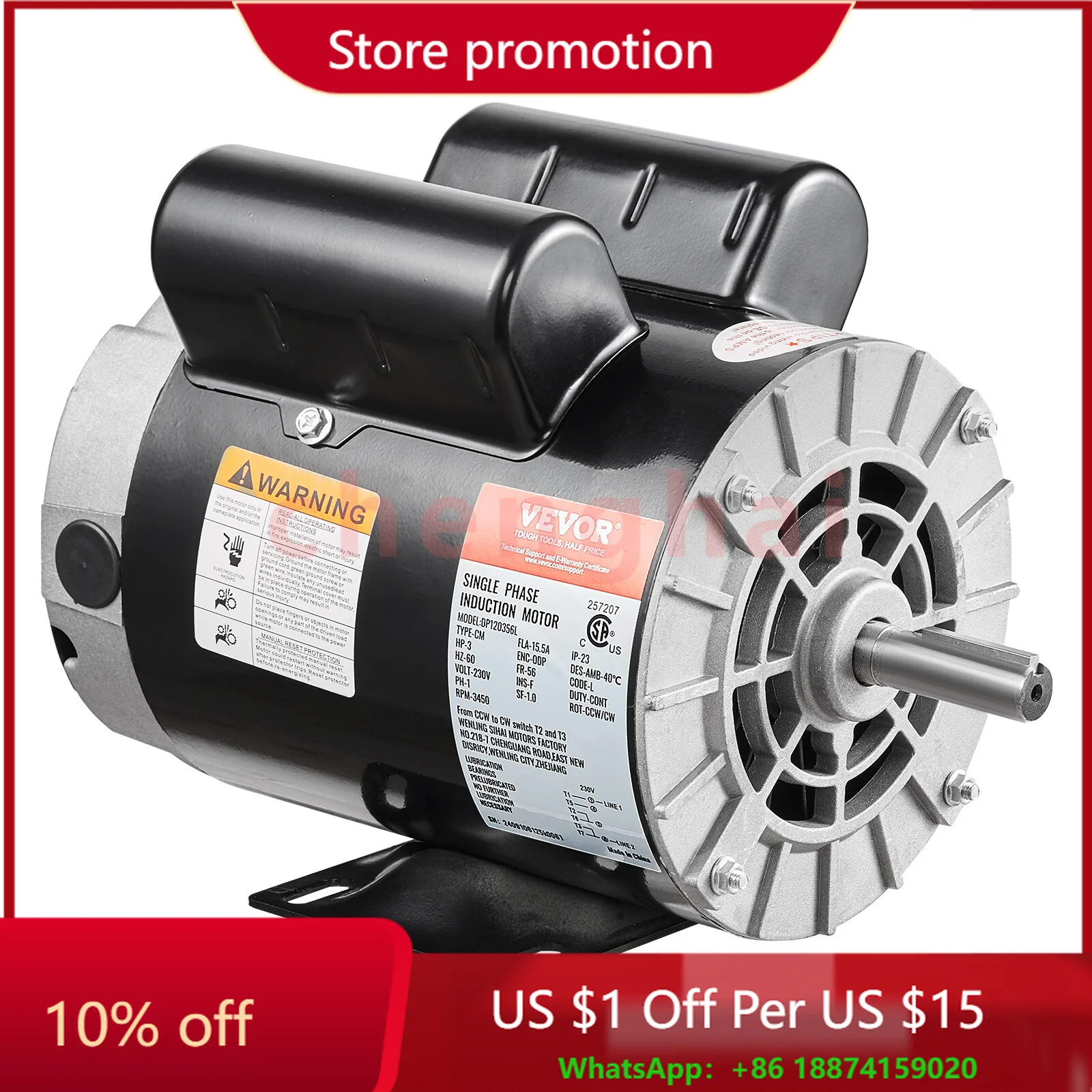 

Электродвигатель воздушного компрессора мощностью 3 л.с., 230 В, 15,5 А, 3450 об/мин, 56 рамок, вращение по часовой/против часовой стрелки