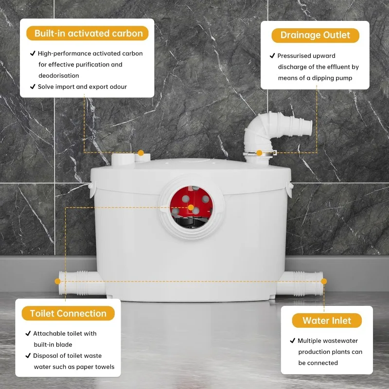 600w Macerator Pump For Toilet Pump System, Sewage Pump With 4 Inlets For Basement, Sink, Shower, Bathtub, Waste Water