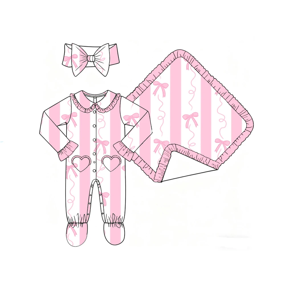 Boutique Girls' Blanket and Romper Lapel Ruffle Buttons Love Pocket Binding Feet Bow Pink Series Print Custom Patterns