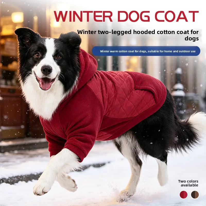 Warm Cotton Dog Winter Coat Hooded Pullover 2-Legged Windproof Jacket for Medium to Large Dogs Cold Weather Outdoor Apparel