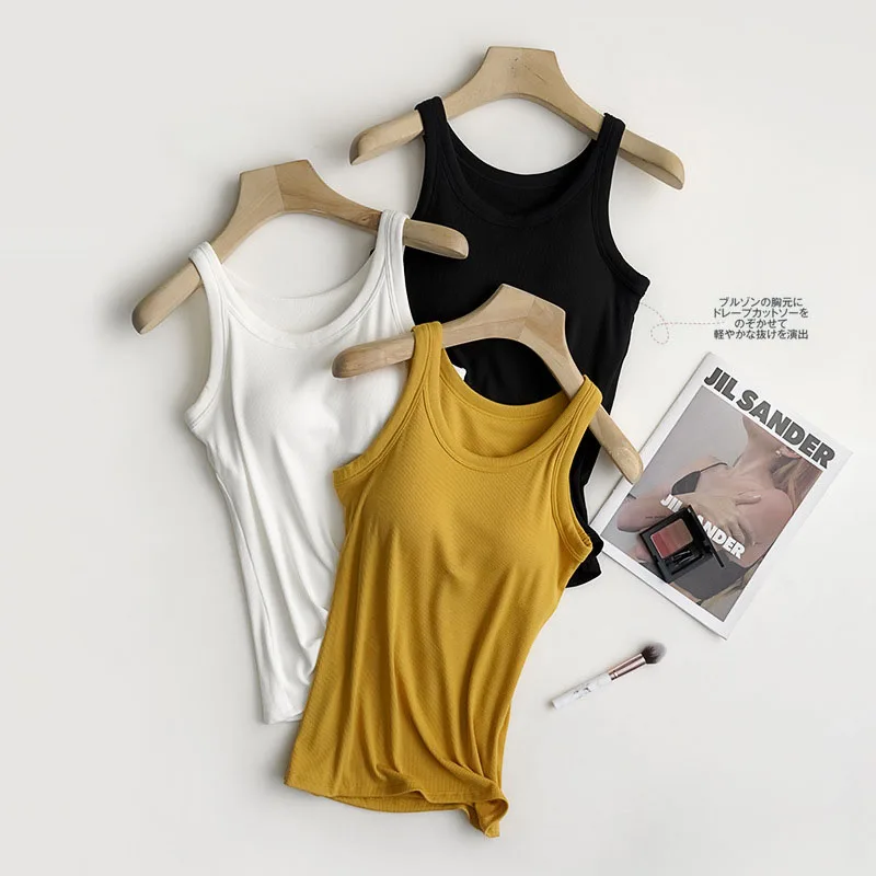 Ribbed Women's Camisole with Padded Wireless Bust Solid Color Casual Slim Undershirts Round Neck Camis Tank Female Outwear C5834