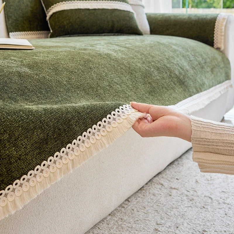 Chinese Style Solid Color Chenille Couch Pad Non-slip Wear-resistant Sofa Slipcover Tassel Trim Decorative Straight Couch Mat