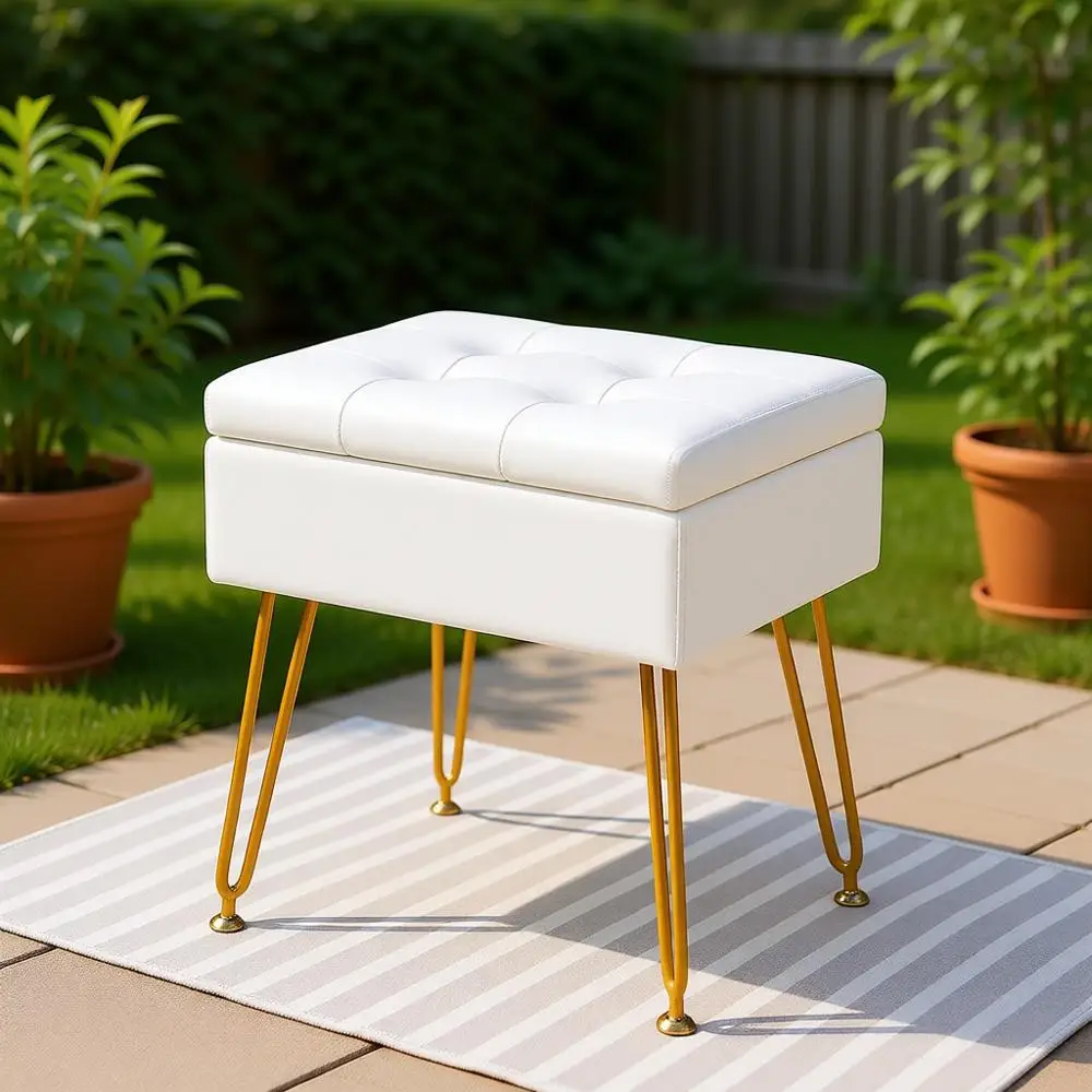 

White Leatherette Storage Ottoman Stool for Vanity, Bedroom, or Bathroom