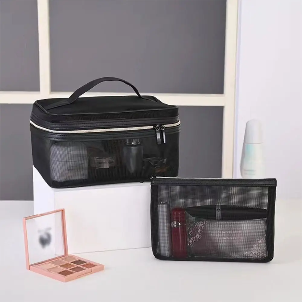 Portable Large Capacity Mesh Makeup Bag Dustproof Transparent Makeup Brushes Bag Nylon Zipper Cosmetic Bag Travel