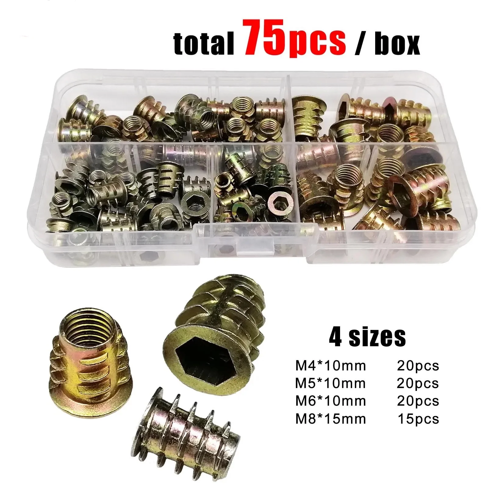 75pcs/box Mix Size Insert Nut E-nut M4 M5 M6 M8 Set Kit Thread Embedded Hex Hexagon Socket Head Wood Furniture Bed Cabinet Table