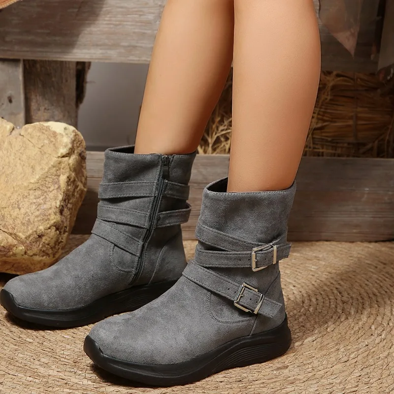 Retro Style Round Toe Side Zipper Casual Women's Mid Calf Boots 2026 Fashionable Buckle Strap Comfort Daily Boots for Women