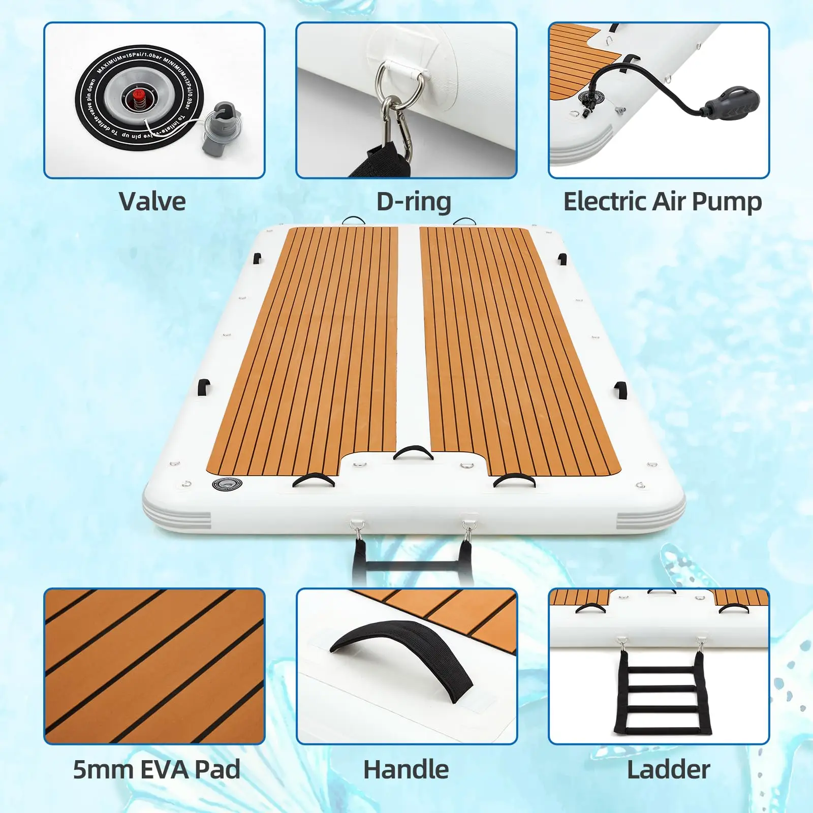 Muelle flotante de 15 'x 6,5', plataforma de isla inflable con estera antideslizante EVA de 5mm, bomba eléctrica para lagos, piscinas