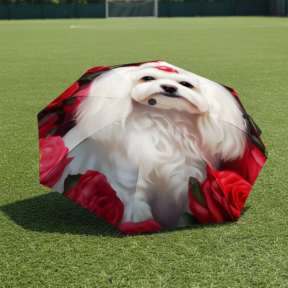1PC Charming Dog and Roses Design Umbrella with a Scenic Backdrop Print 8 Iron Ribs Folding Umbrella Auto-Open Fashion Sunshade
