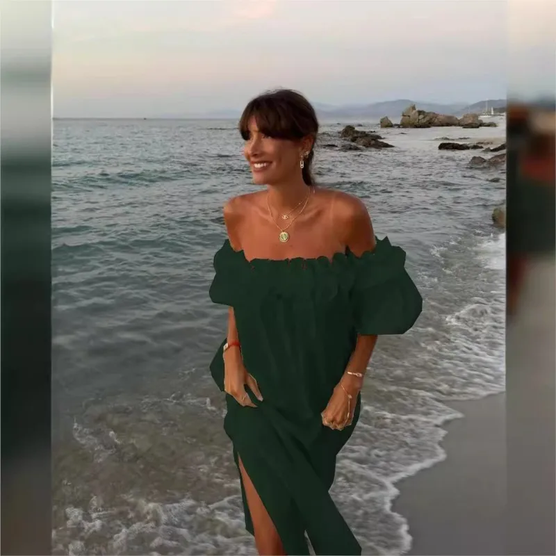 فستان نسائي صيفي من القطن والكتان لعام 2025 طويل أبيض قبالة الكتف فساتين بفتحة جانبية ملابس نسائية أنيقة غير رسمية عصرية