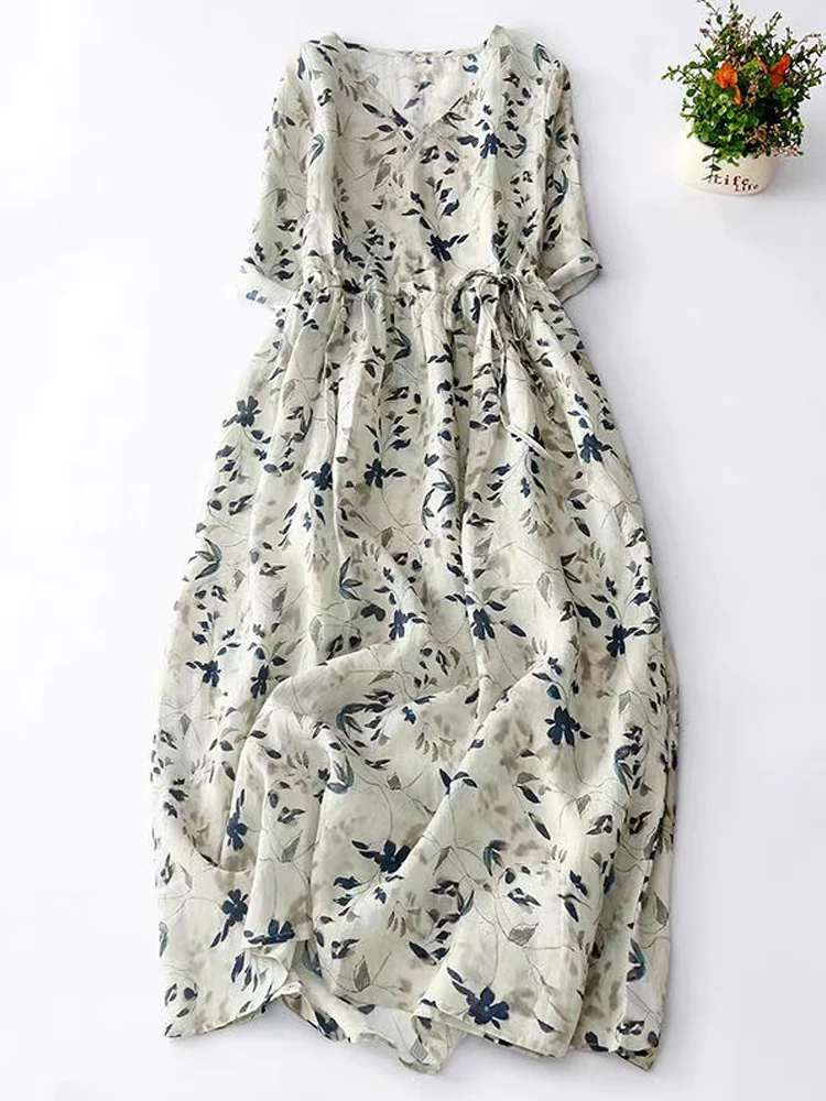 2024 New Summer Sundress V-Neck Short Sleeve Drawstring Women Floral Midi Dresses A-Line Vintage Beach Party Dress Vestidos