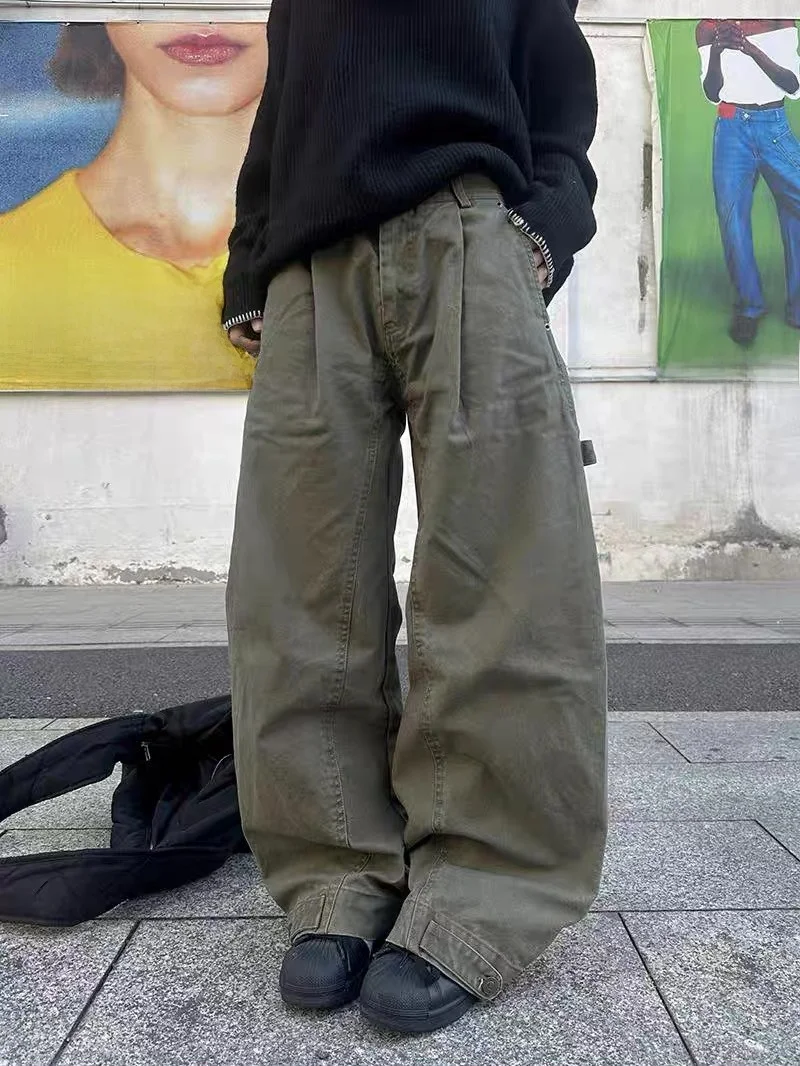 

Retro American Spliced Waed Wide Leg Work Pants Men Women Vintage High Design Sensation Long Trousers Youth Faion Cotton