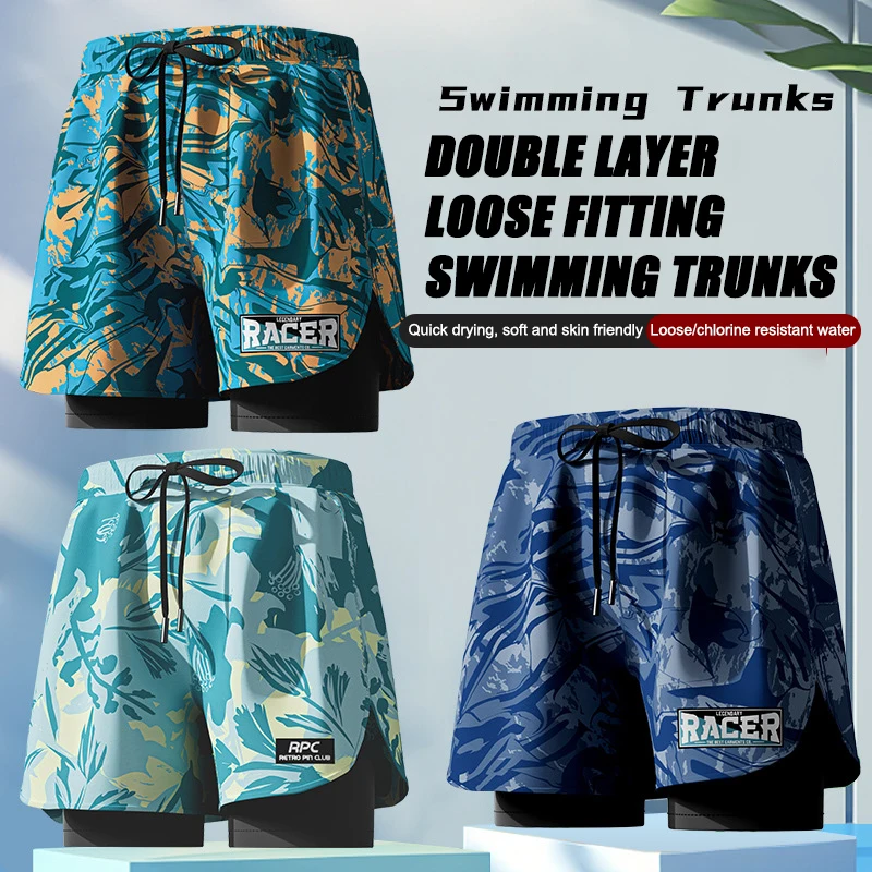 2 Layer Men Swimming Pants Men Flat Pentangle Swimsuit Professional Beach Adult Swimming Gear