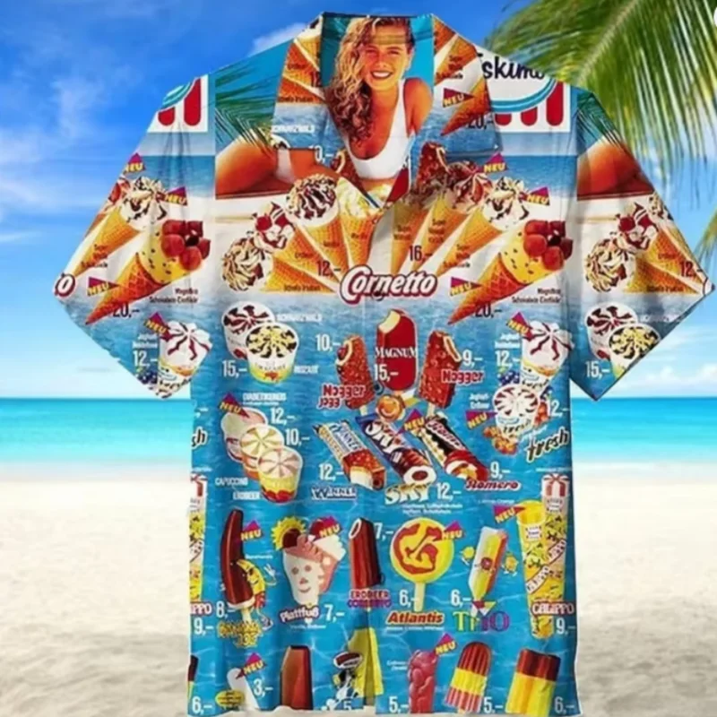 

2026 Trendy Cool Fashion Ice Cream Shirts Beach Party 3d Print Hawaiian Shirt Unisex Short Sleeve Oversized Blouse Lapel Shirts
