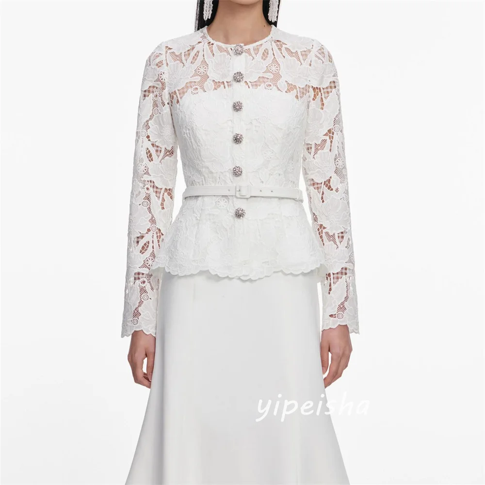 Customized Exquisite Matching Jersey Lace Button Pleat Sash Mermaid Scoop Neck  Ankle Length Evening Dresses Sizes Available