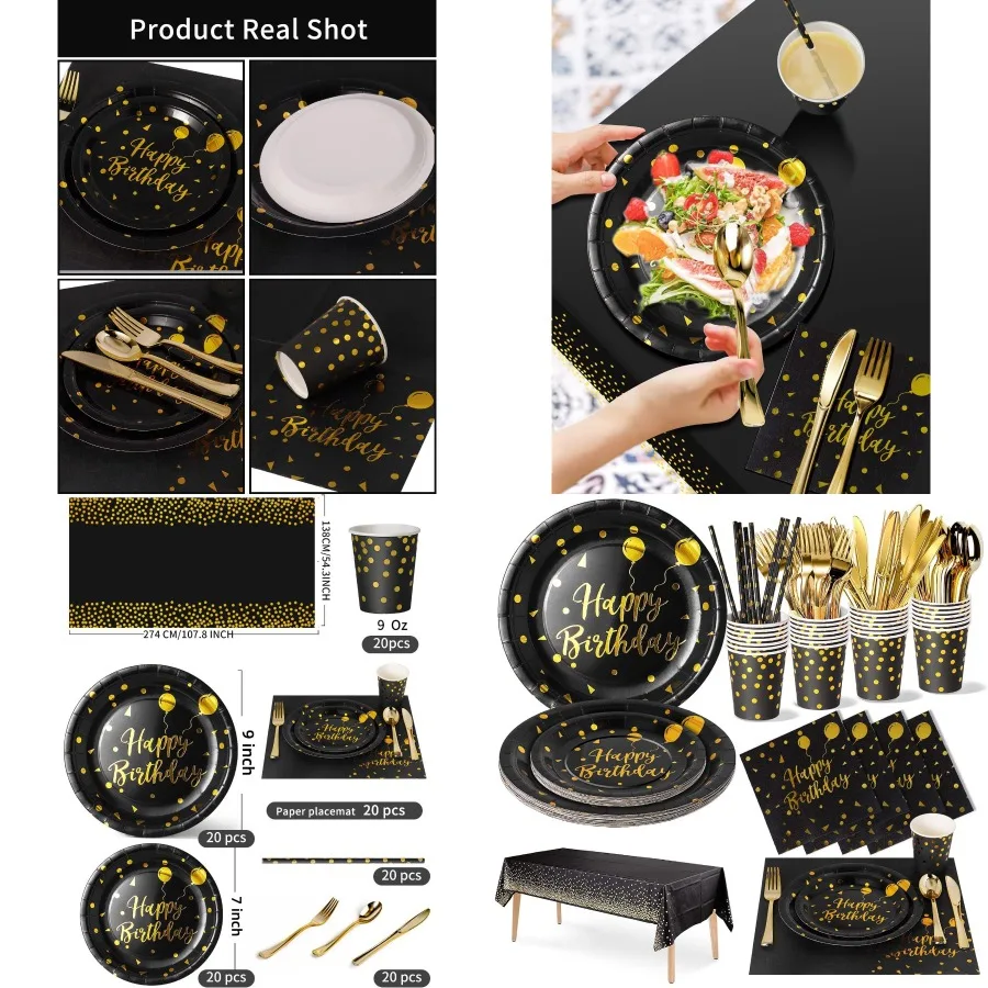 

Посуда для дня рождения, 161 шт., черное золото, товары для вечеринок для душа, помолвки, украшения для вечеринок, в комплект входят бумажные тарелки Na
