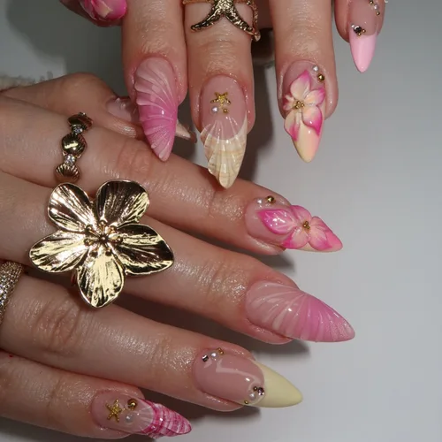 Imagen 1 del producto 24 Uds. De uñas postizas 3D con flores rosas dulces y almendras con diamantes franceses amarillos, uñas postizas artificiales, puntas portátiles con pegamento