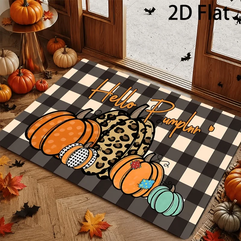 Hello Pumpkin Fall Doormat, Buffalo Plaid Leopard Pumpkin Print Entry Mat, Autumn Harvest Porch Decor