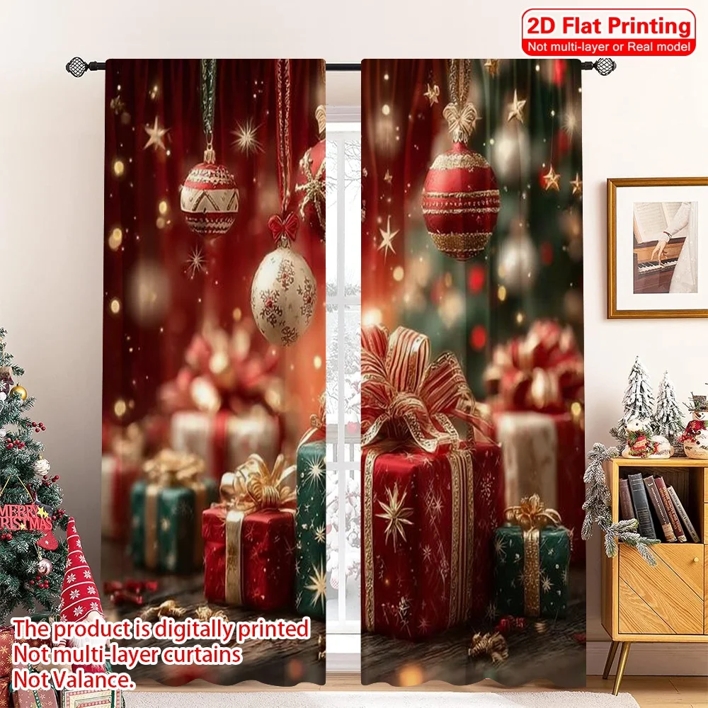 

2pcs 2D flat printing Merry Christmas Popular Curtain Christmas trees and gifts 100% Polyester Without Electricity Family Party