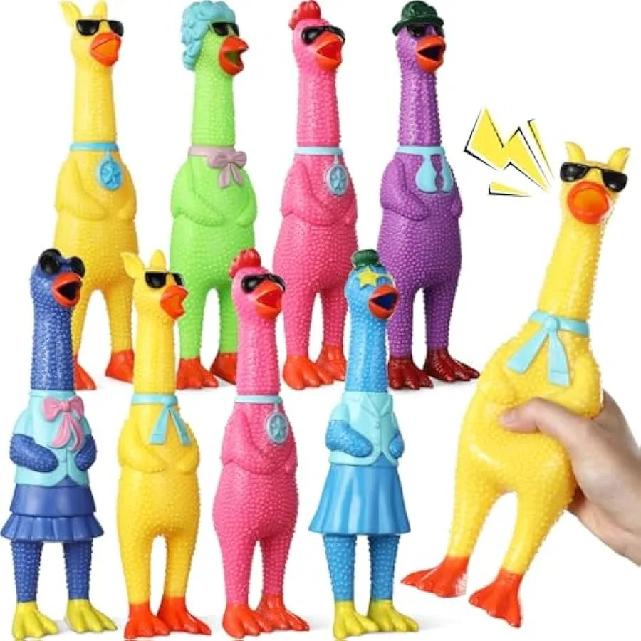 8 Pcs Large Squeaky Rubber Chicken Dog Toys Rubber Squeeze Squeaky Chicken Prank Noise Maker Chew Toy for Pets 6 Styles Mixed