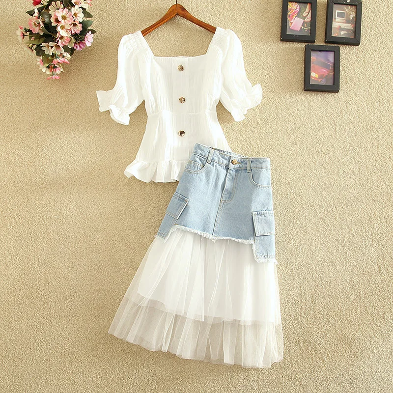 

Fashion Women Skirts Suits Summer New Design White Chiffon Blouse And Denim Knee-Length Skirts Lady Elegant Sets