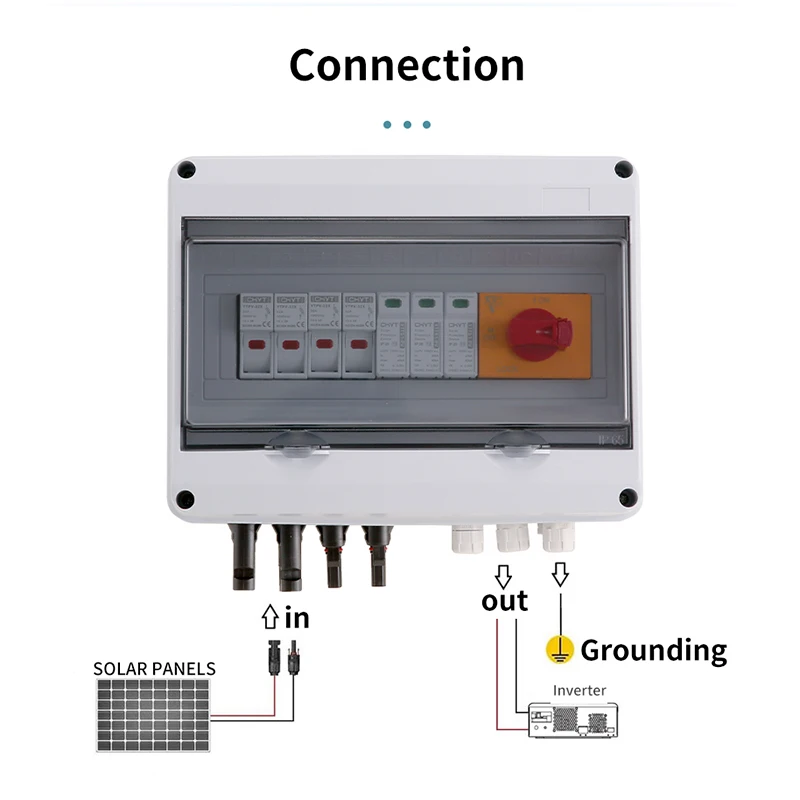 Caja combinadora Solar fotovoltaica PV, 2-1-1000V, interruptor de aislamiento, cadena IP65 PV, protección contra rayos contra sobretensiones, impermeable para exteriores