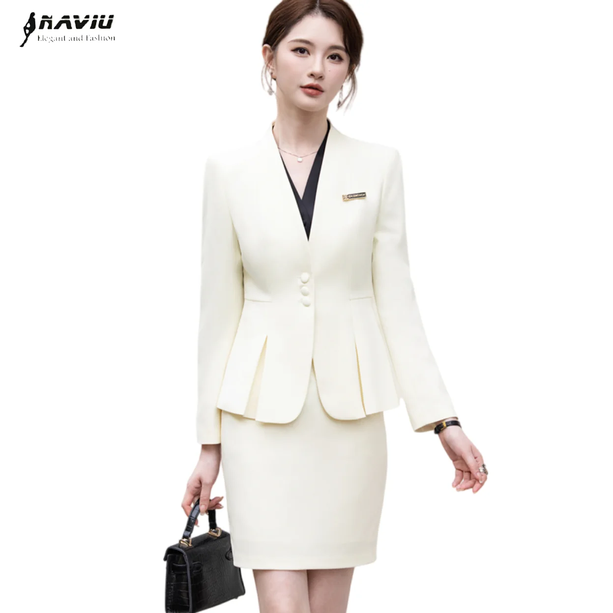 

NAVIU женский бежевый костюм с длинным рукавом, осенний новый офисный женский элегантный деловой костюм для интервью, рабочая одежда, блейзер, юбка, комплект из двух предметов