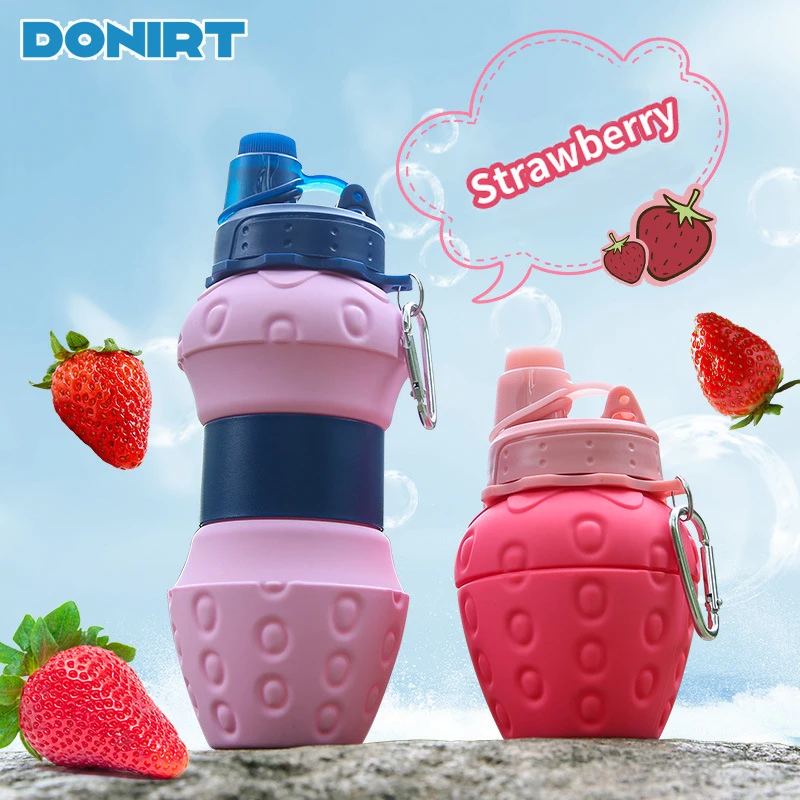 

Portable Sports Water Bottle 600Ml Foldable Kids Travel Sports Bottle Strawberry Shaped Water Bottle Silicone Telescopic Cup