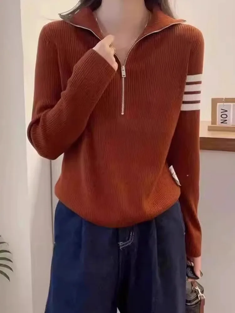 

Корейская модная женская трикотажная кофта с длинным рукавом, цветными блоками и молнией, облегающая, для осени и зимы