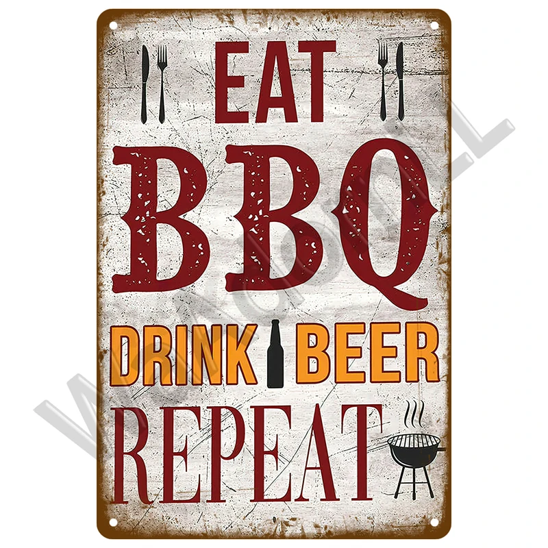 Vintage Aluminium BBQ Beer Slogan Tin Sign, Fork Knife Grill Graphic Wall Decor for Backyard & Patio Bar Home
