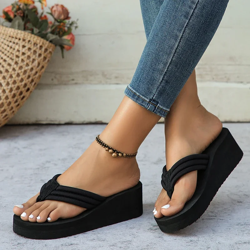 Clip Toe Platform Slippers for Women Solid Color Lightweight Wedges Flip Flops Woman Thick Bottom Non-Slip Slides Beach Shoes image 5