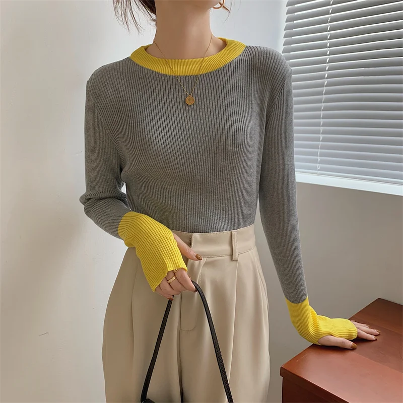 Seoulish Spring Half Turtleneck Colorblock Knitted Women\'s Sweater 2024 New Long Sleeve Bottoming Solid Sweater Female Slim Tops