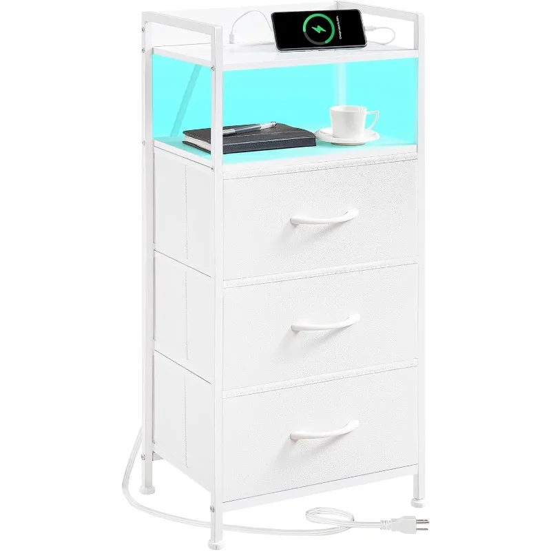 White Nightstand with Charging Station and LED Light for Bedroom, Tall 3 Drawers Dresser with Fabric Bins for Bedside Kid