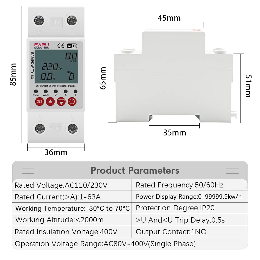 Tuya WiFi Smart Circuit Breaker 2P 63A Energy Meter kWh Earth Leakage Over Under Voltage Protector Relay Switch RCBO
