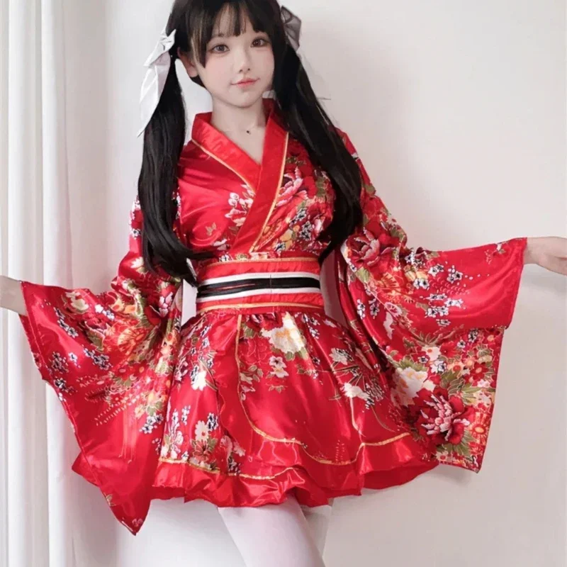 

2024 Хэллоуин для девочек, японское кимоно юката, кавайный костюм хаори с цветочным принтом, милое платье Лолиты, женское платье на Хэллоуин, косплей