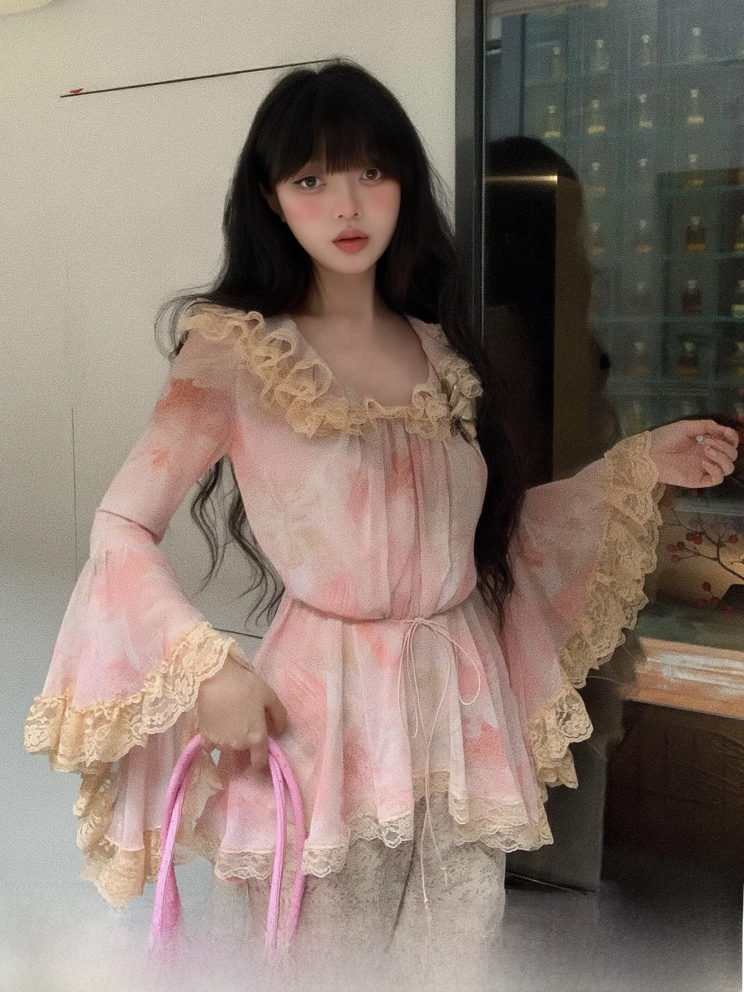 

Женский топ Ele Long Sve Y2K с воротником MOXI Maple Autumn Mist Pink, с принтом, кружевом, из полиэстера и шифона, модный, универсальный