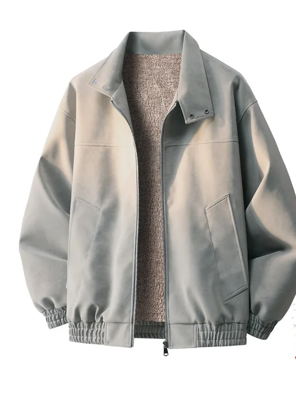 

Retro American Sle Fce Lined PU Leather Jaet Men's Outerwear Winter Coat Stand Fit Long Sve Zipper Closure