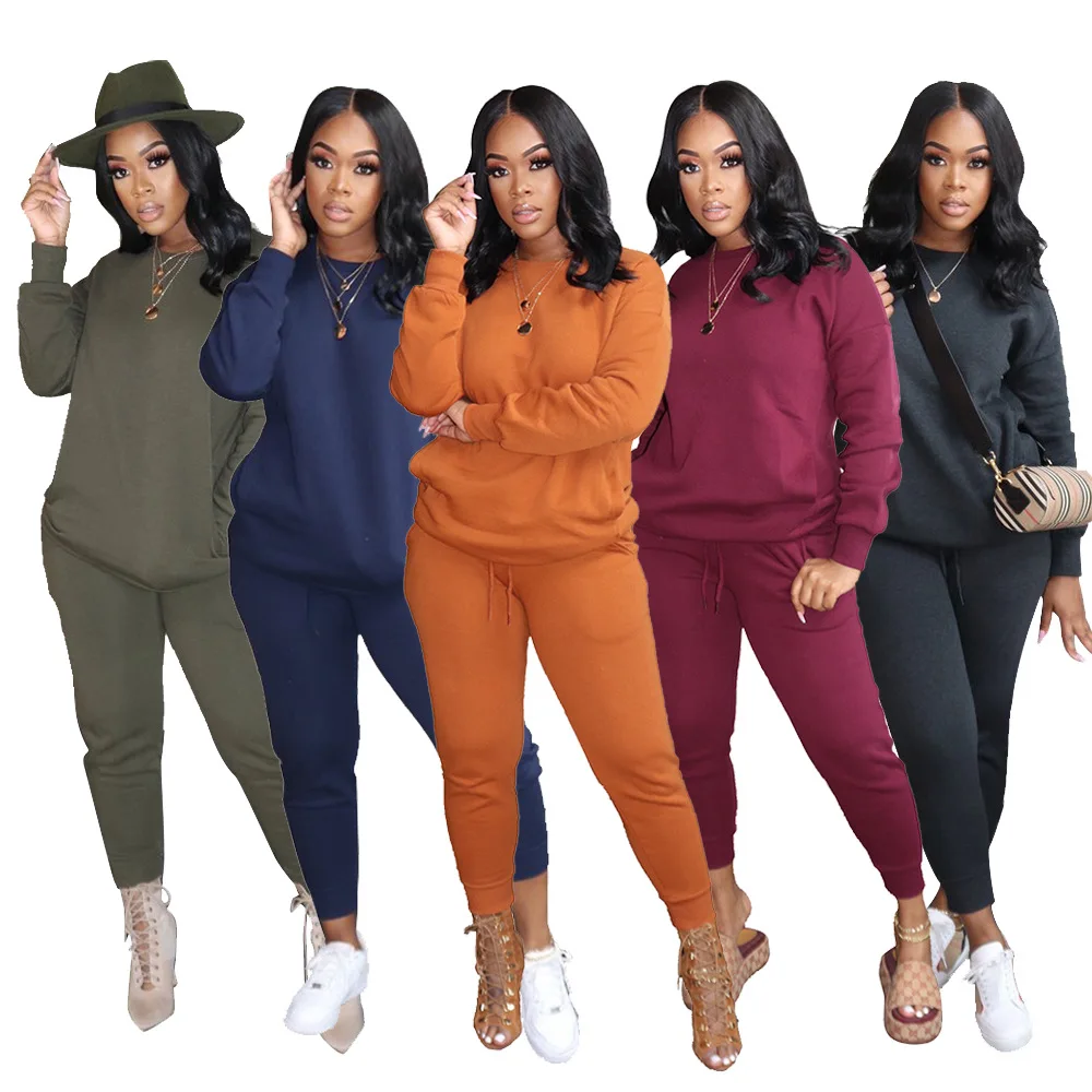 

Casual Hoodie Tracksuit Winter Thickened Solid Color High Elastic Round Round Neck Pullover Sports And Leisure Two-Piece Set