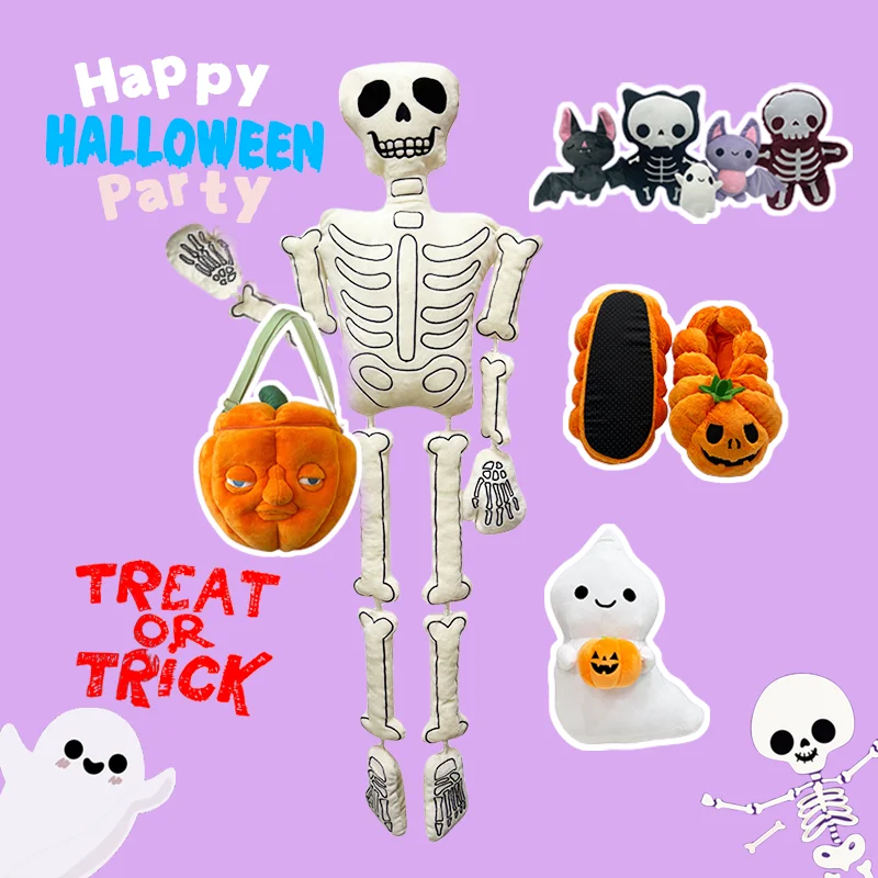 MyRytanda Happy Halloween Plush Toys Slippers Kawaii Ghost Pillow Pumpkin Shoulder Bags Horror Skull Fluffy Dolls