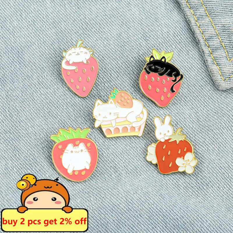 Strawberry with Animals Enamel Pins Cartoon Fruit Clothes Brooch Lapel Badge Jewelry Wholesale Gift for Friends Drop Shipping